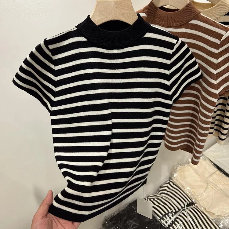 2026 Rollkragenpullover Gestreifter Pullover Slim Fit Oberteil Damen Frühling und Herbst Kurzarm Unterziehpullover – Detail 18