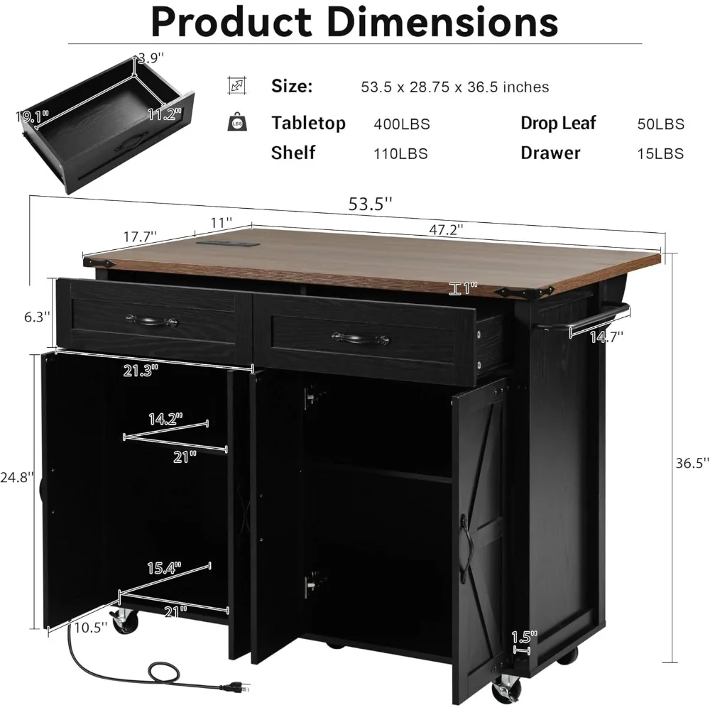 Farmhouse Rolling Kitchen Island with Power Outlet, Drop Leaf Breakfast Bar, Wooden Mobile Storage Island Cart on Wheels