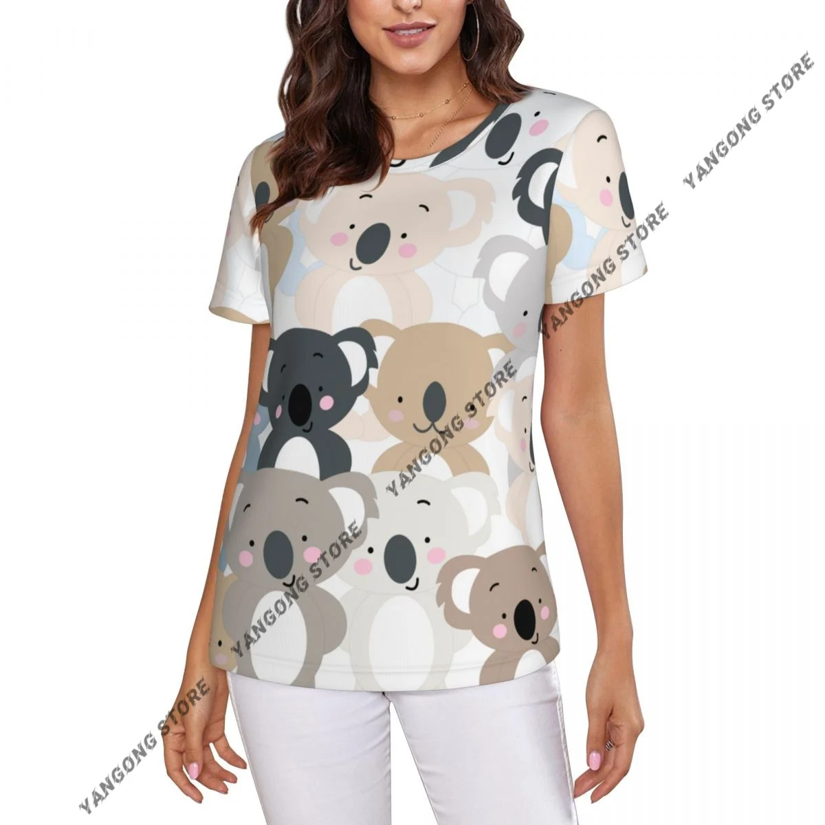Womens Short Sleeve Vintage Cute Koala Bear Pastel Illustration Casual Tee Clothing Crewneck Woman T-Shirts