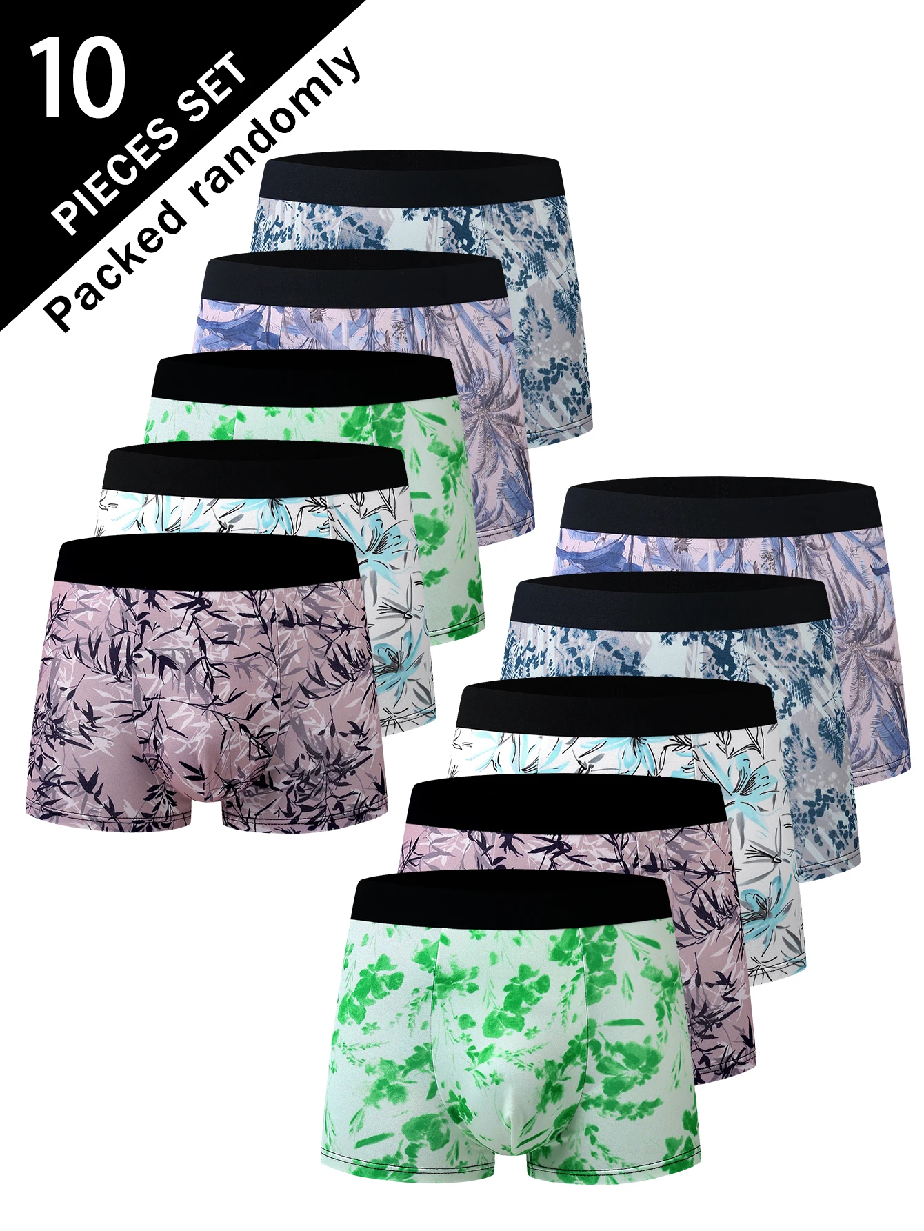 10-Pack Men's Plant Print Boxer Briefs Mid-Waist Comfortable Skin-Friendly Random Color Combination Daily Wash All Seasons