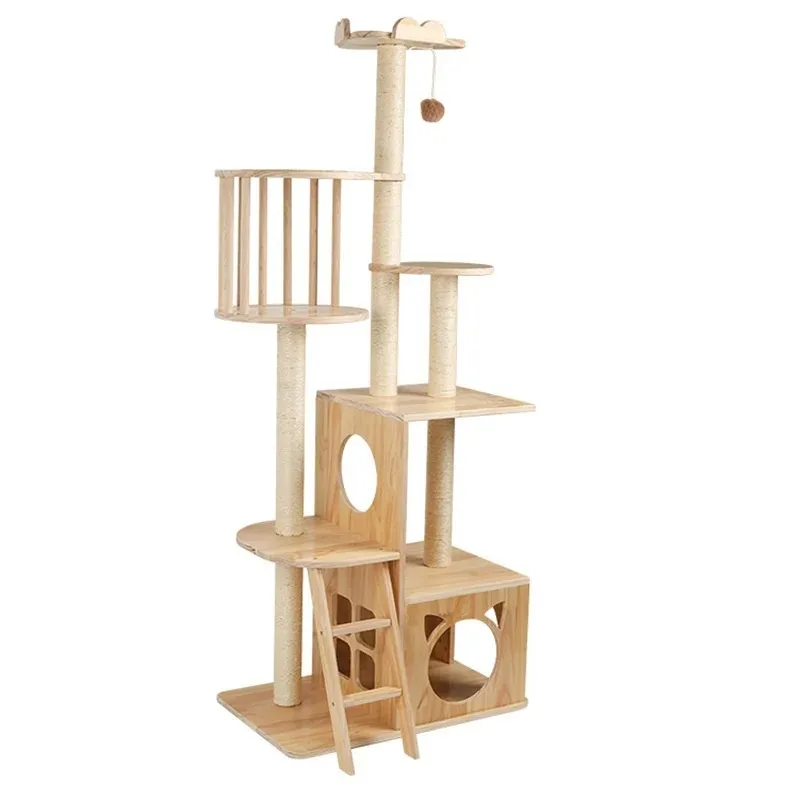 

Modern Solid Wood Cat Climbing Frame with Nest and Ladder Sisal Scratching Post Floor-Standing Pet Toys for Cats