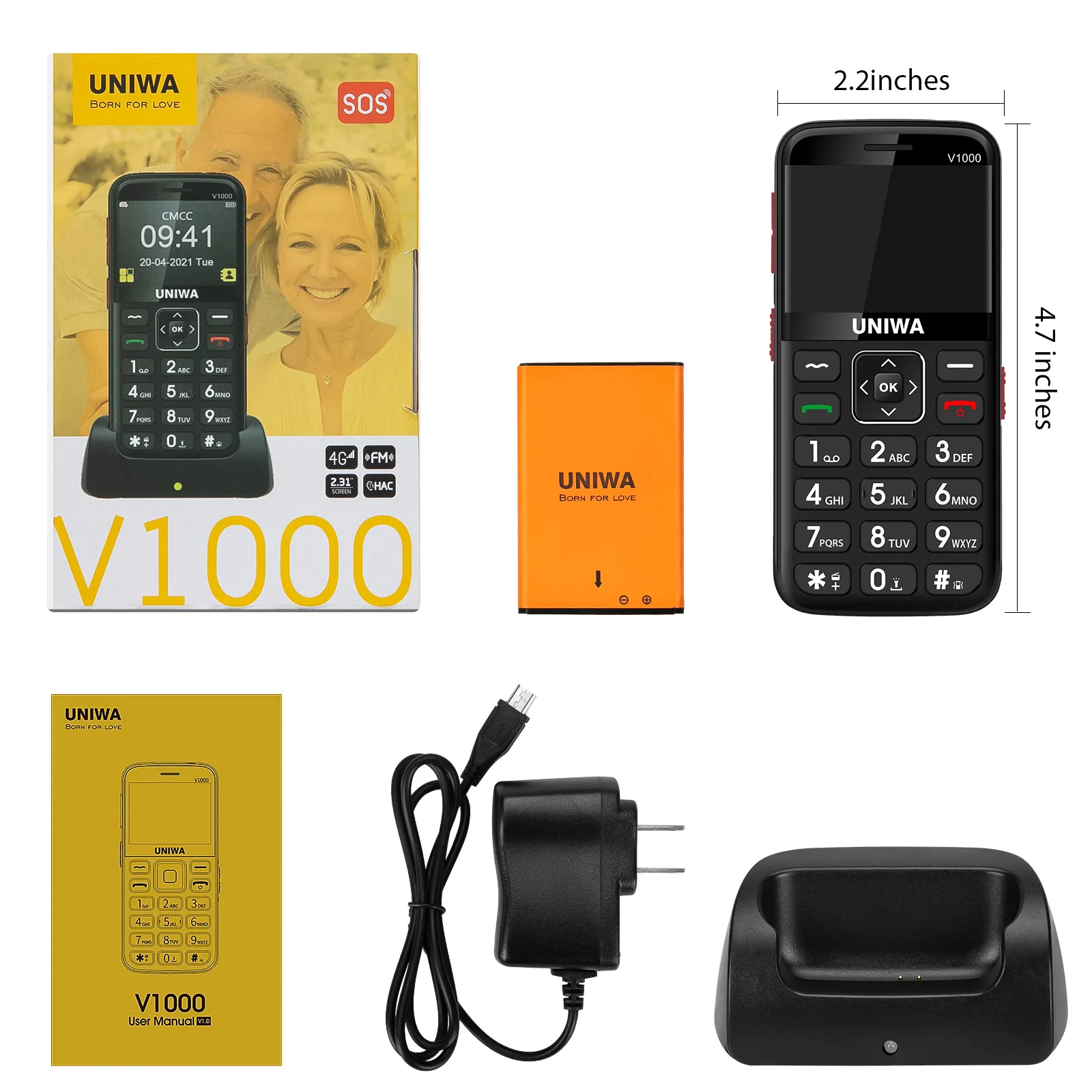 UNIWA V1000 English Keyboard Senior Feature Phone 4G Strong Torch Big Push-Button Cellphone Big SOS Support Speed Dial