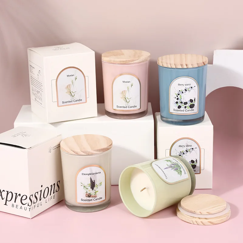 

7x 8.4cm Wooden Cover Colored Glass Cup Scented Candle Household Rose Cedar Sage Fragrance Jar Candle Ornament Aromatherapy Gift