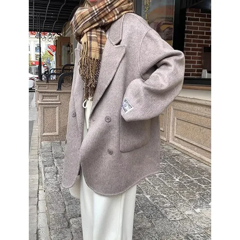 Nice Korea Woolen Long Jackets Coats Tops Winter Laper Double Breasted Abrigos Casual Chaquetas Overcoat Classic Women Warm Casa