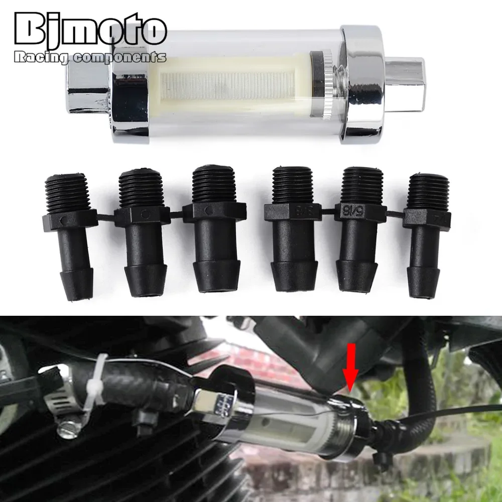 Reusable Clearview Glass Inline Gas Fuel Filter With 1/4 5/16 3/8 Inch Fittings For Motorcycle With 6/8/10 MM ID Hose For Gas