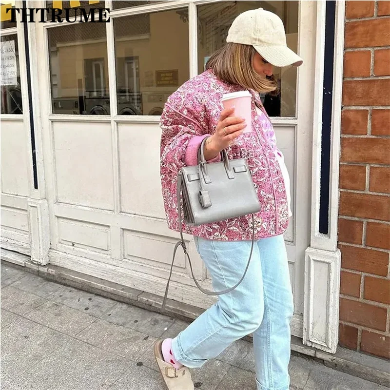 Elegant Women Floral Print Jacket Fashion Long Sleeve Vintage Autumn Winter Warm Coats Casual Communte O-Neck Chic Quilted Coat