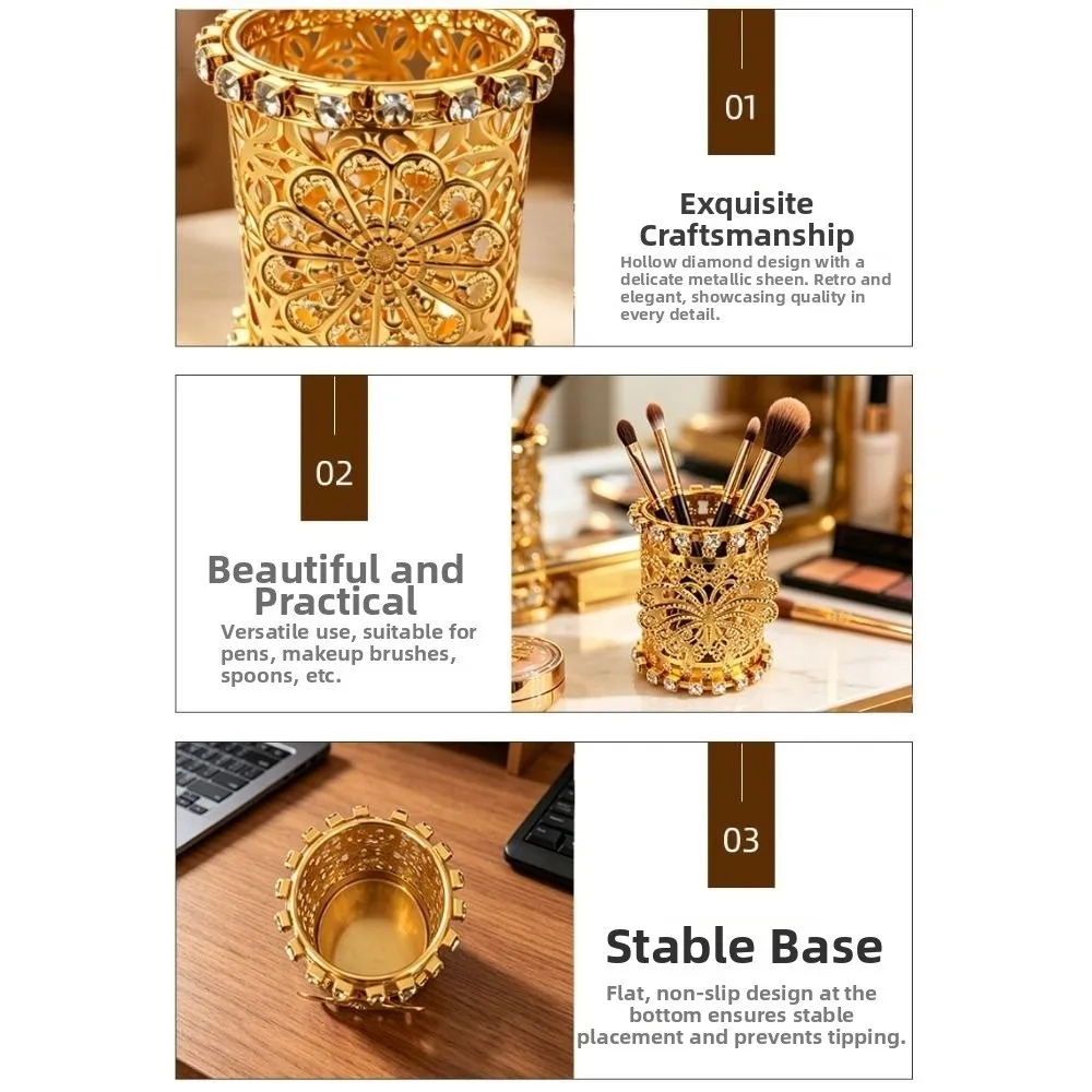 No-slip Hollow Out Pen Holder Luxury Rhinestone Decoration Desktop Storage Container Butterfly Iron Desk Stationery Organizer
