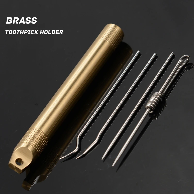 1Set Brass EDC Portable Multifunctional Toothpick Bottle Fruit Fork Camping Tool Toothpick Tube Stronger Than Dental Floss