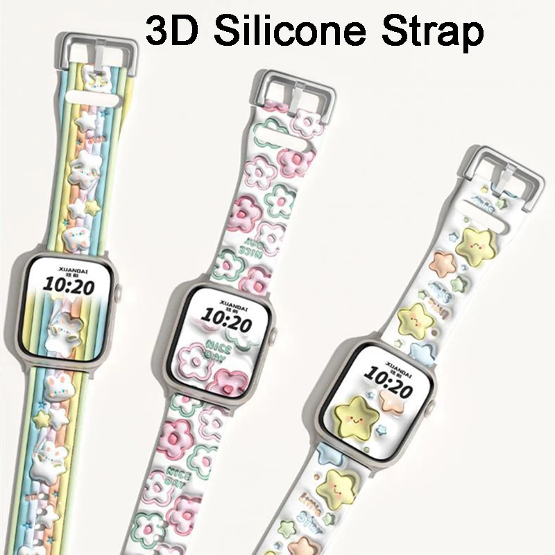 애플 워치용 3D 실리콘 스트랩, 울트라 49mm, 38mm, 40mm, 41mm, 45mm, 44mm, 42mm 패턴 인쇄 손목 밴드, 아이워치 시리즈 8, 7, 654 SE용