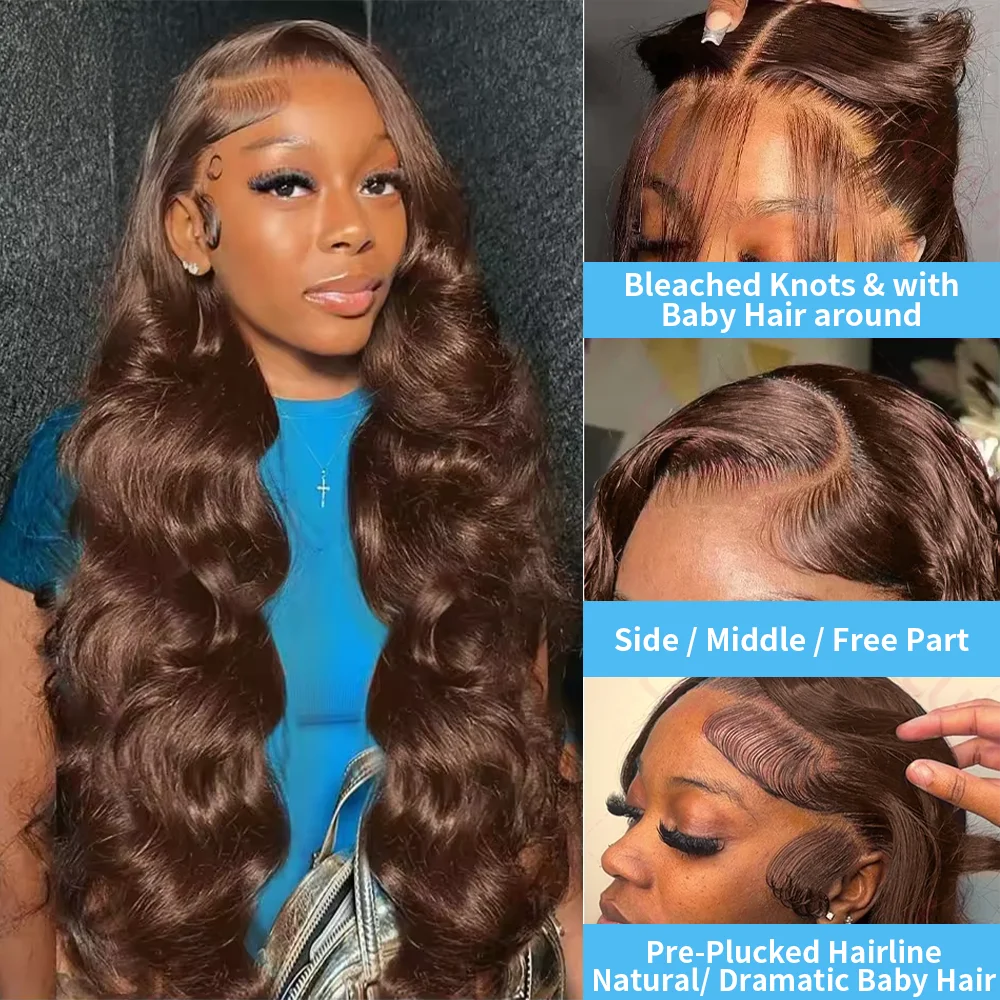 Kleberlose 7X5 Lace-Perücke, vorgeschnitten, 220 Dichte, schokoladenbraun, Body Wave, 100% Echthaar, wellig, nass und gewellt, brasilianisches Echthaar mit 13X6 HD Lace Frontal, vorgezupft. – Detail 4