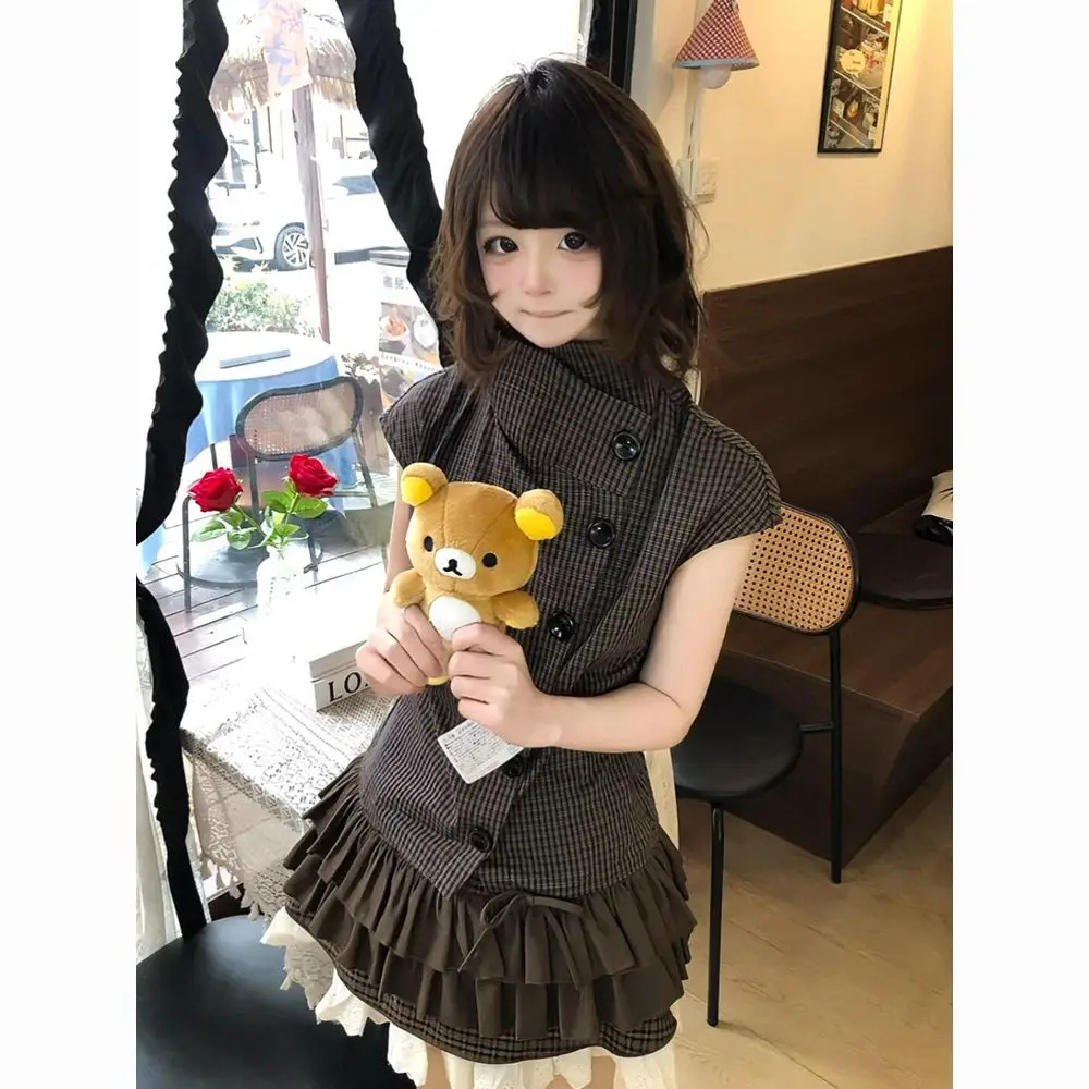 MAGOGO Conjunto de Camisa de Manga Corta a Cuadros Marrón Retro Estilo Japonés para Chicas Dulces y Falda Tutú Corta Color Chocolate para Verano