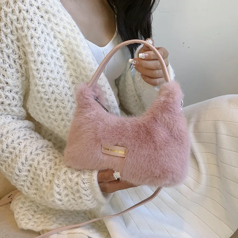 New Winter Solid Color Plush Warm Fluffy Crossbody Bag Street Trend Imitation Mink Hair Shoulder Bag Luxury Designer Handbag