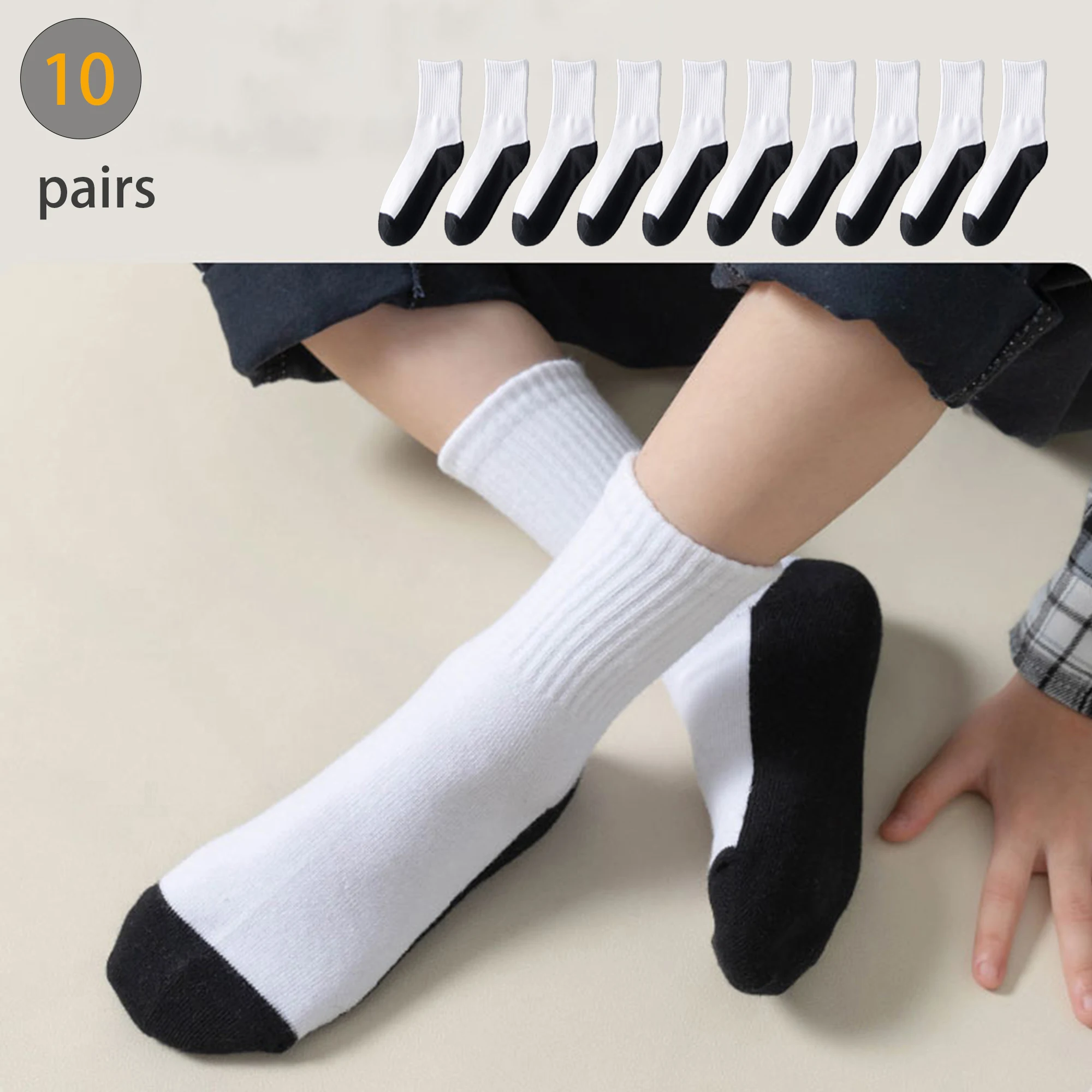 10-Pack Kids Socks Cotton Blend,Crew Socks for Boys and Girls, Solid Color, White Comfy Breathable School Socks