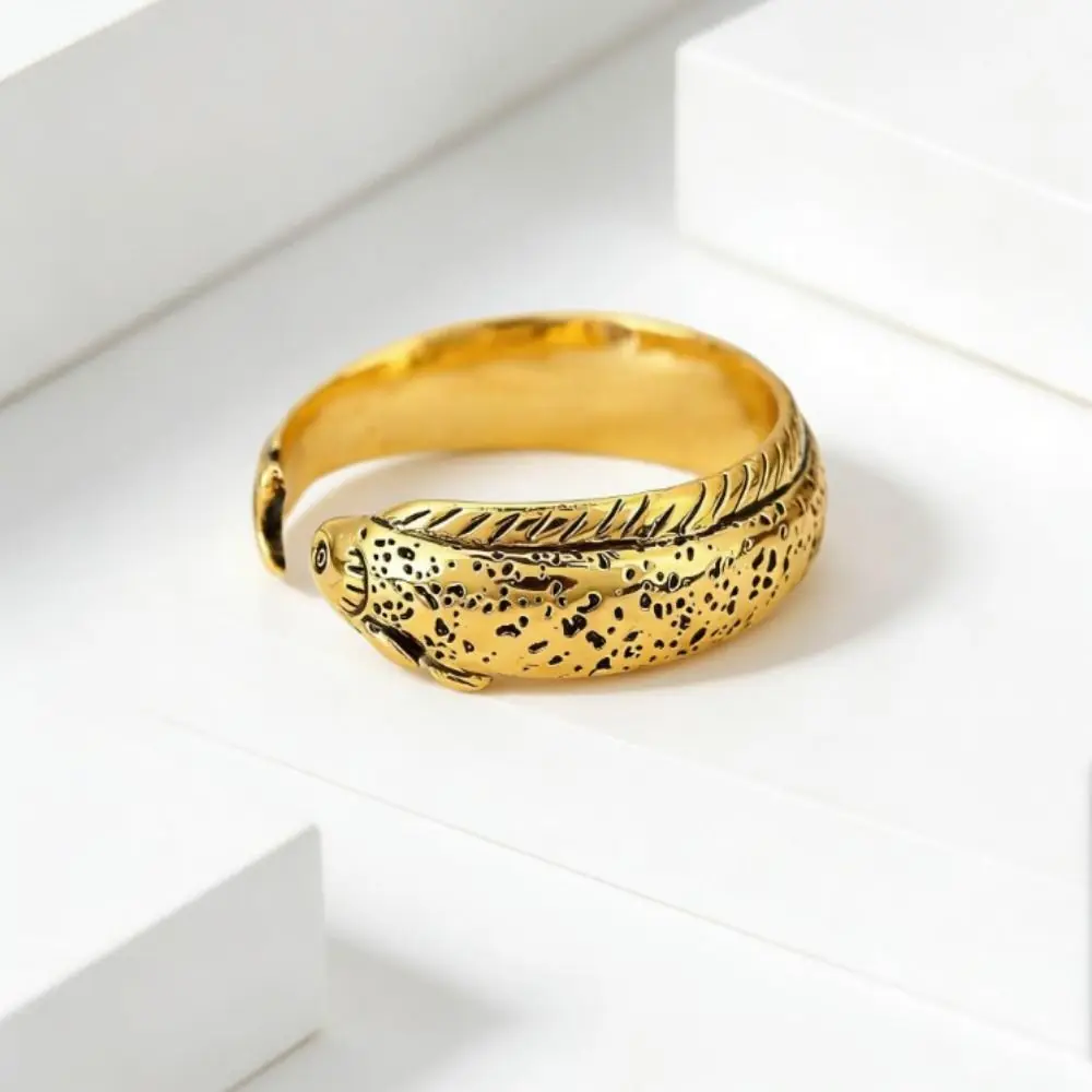 Detailed Craftsmanship Simple Fish Shaped Ring Distressed Gold Vintage Adjustable Ring Alloy Silver Retro Open Ring Jewelry