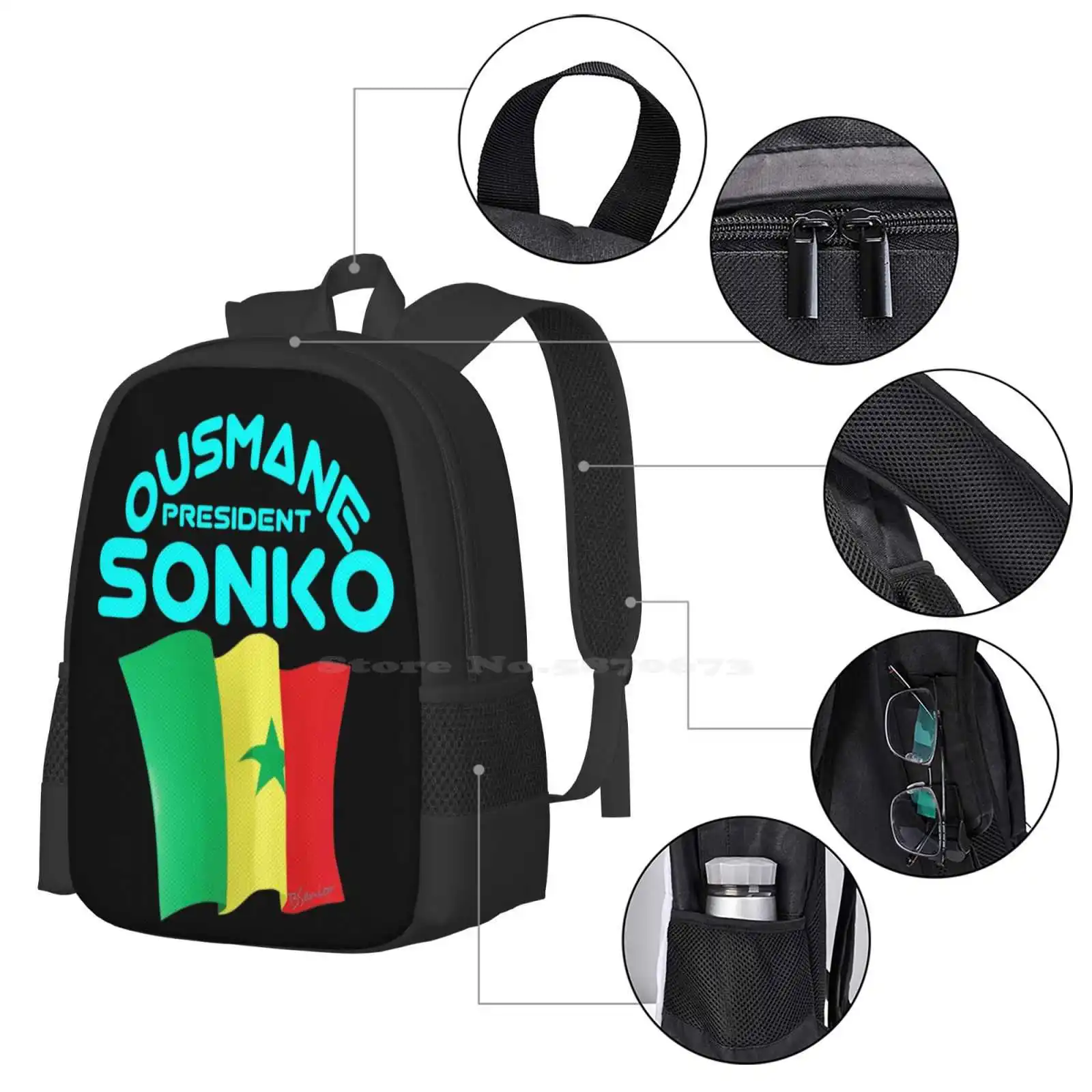 Ousmane-bolsas escolares de viaje para ordenador portátil, diseño de patrón de Sonko, Ousman, Presidente Ousmane, gastef, Sonko, Presidente Ousmane