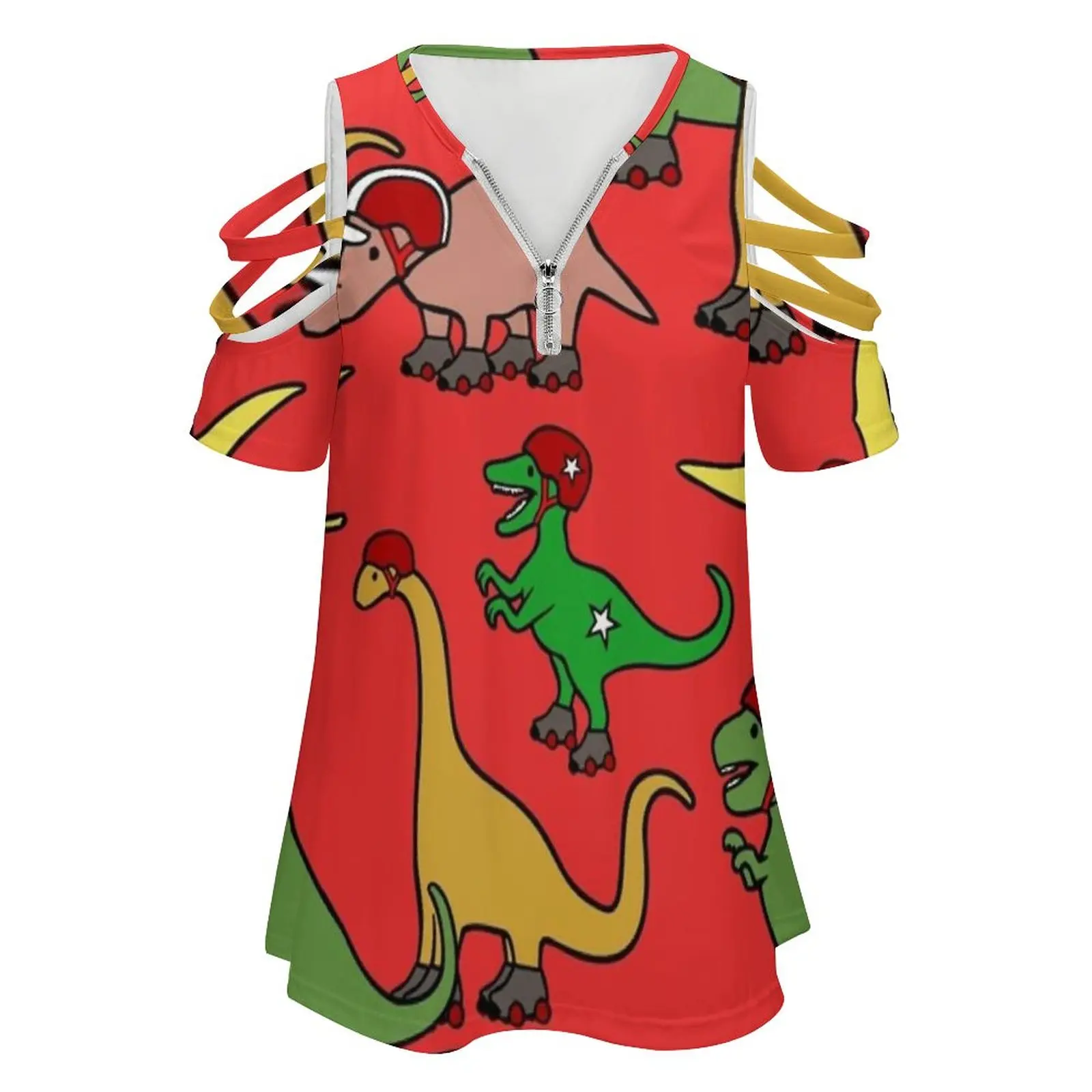 Roller Derby Dinosaurs Red Pattern Women's T-Shirt Summer Fashion Print Floral V-Neck Zipper Tshirt Hollow Pullover Ladies Top