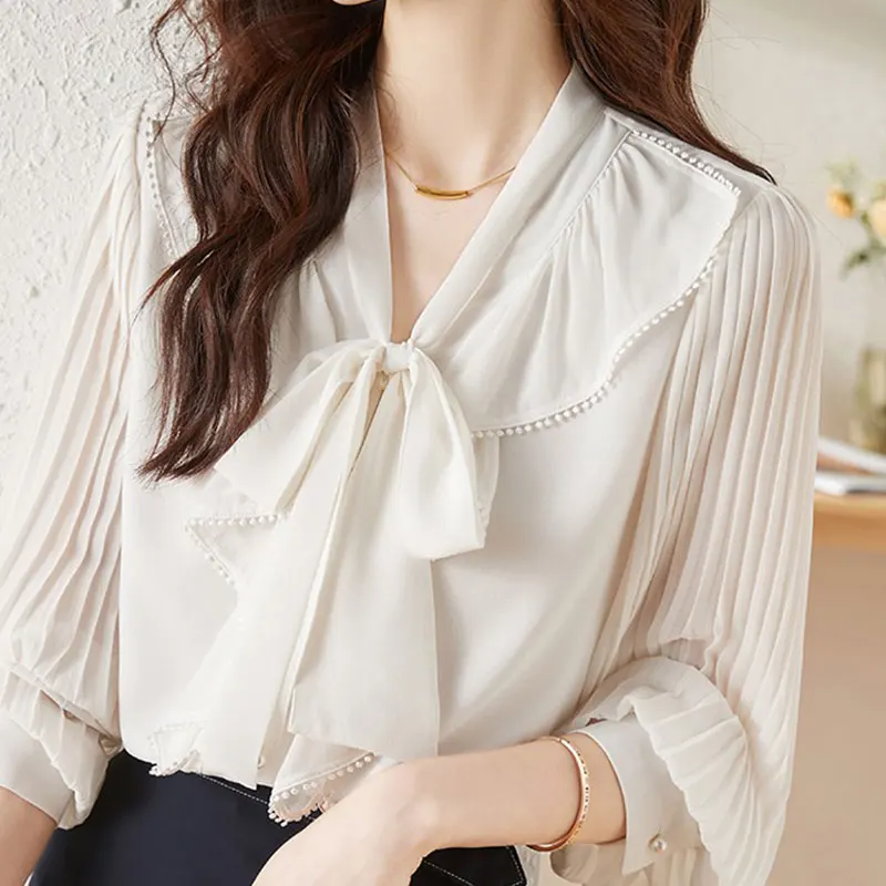 Office Lady Elegant Distressed Bow Blouse Fashion Scarf Collar Spring Korean Ruffles Patchwork Female Pleated Pearl Button Shirt