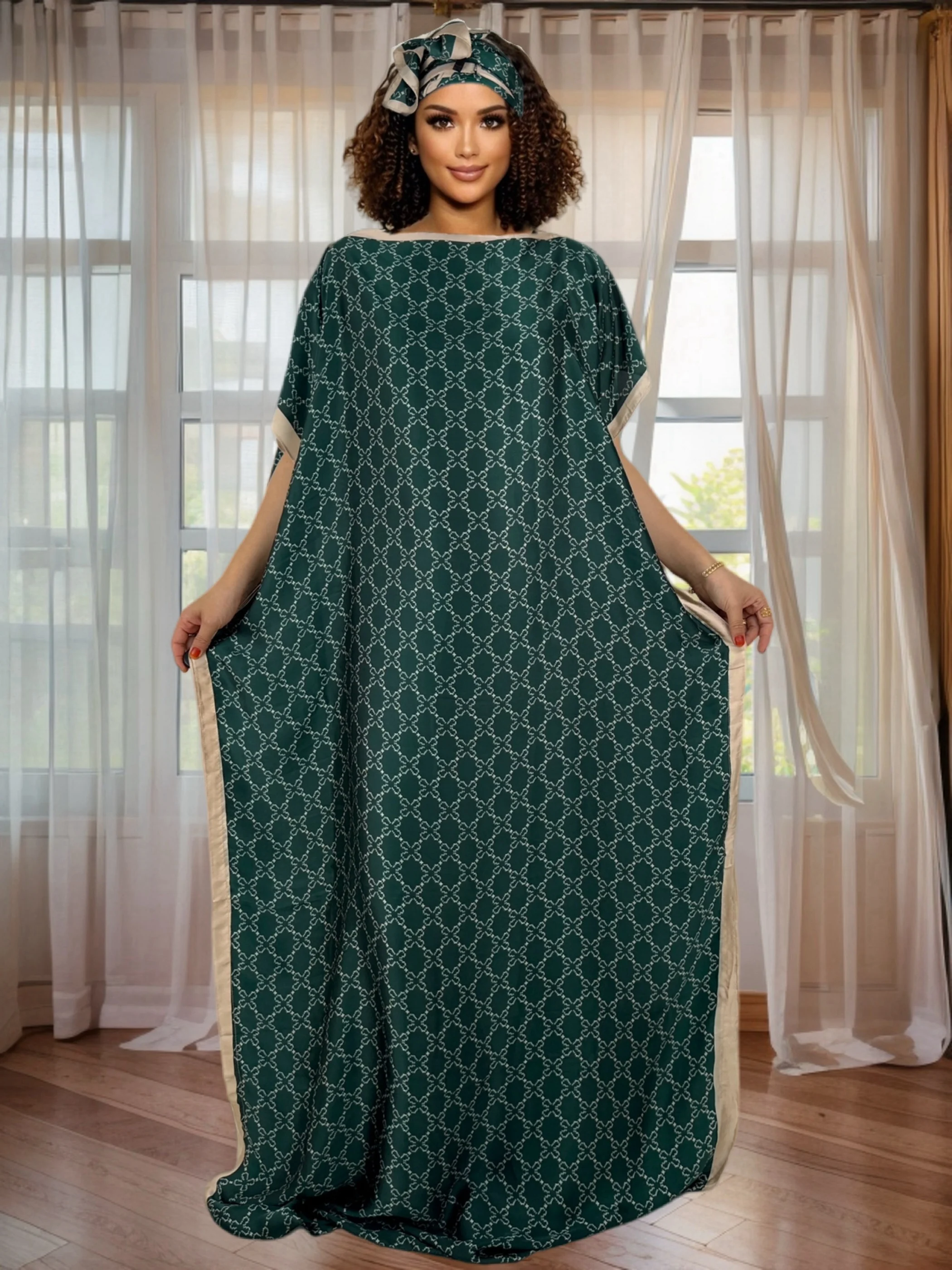 

Elegant Wedding Beach Party Dress Loose Print Abaya Gown Ankara with A Headscarf