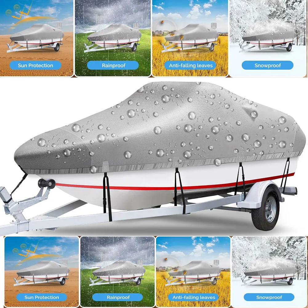 Boat Cover Heavy Duty 420D Silver-coated Oxford Cloth Trailerable Boat Covers With Storage Bag V-Hull Tri-Hull Boat Runabout