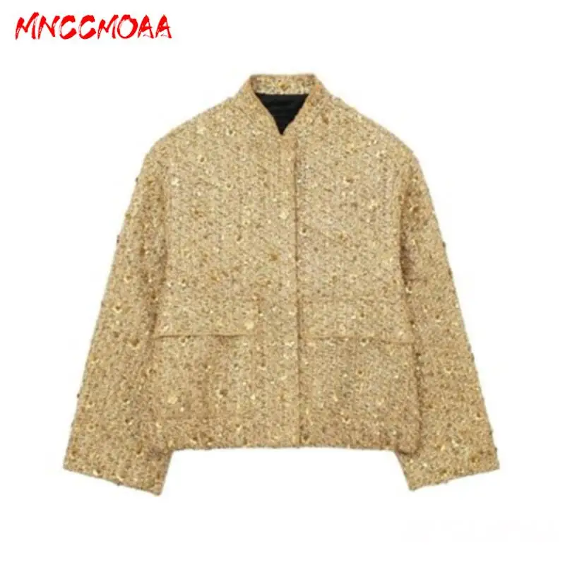 MNCCMOAA 2024 Autumn Women Fashion Stand Collar Sequin Decoration Jacket Coat Female Casual Long Sleeve Tops Outerwear