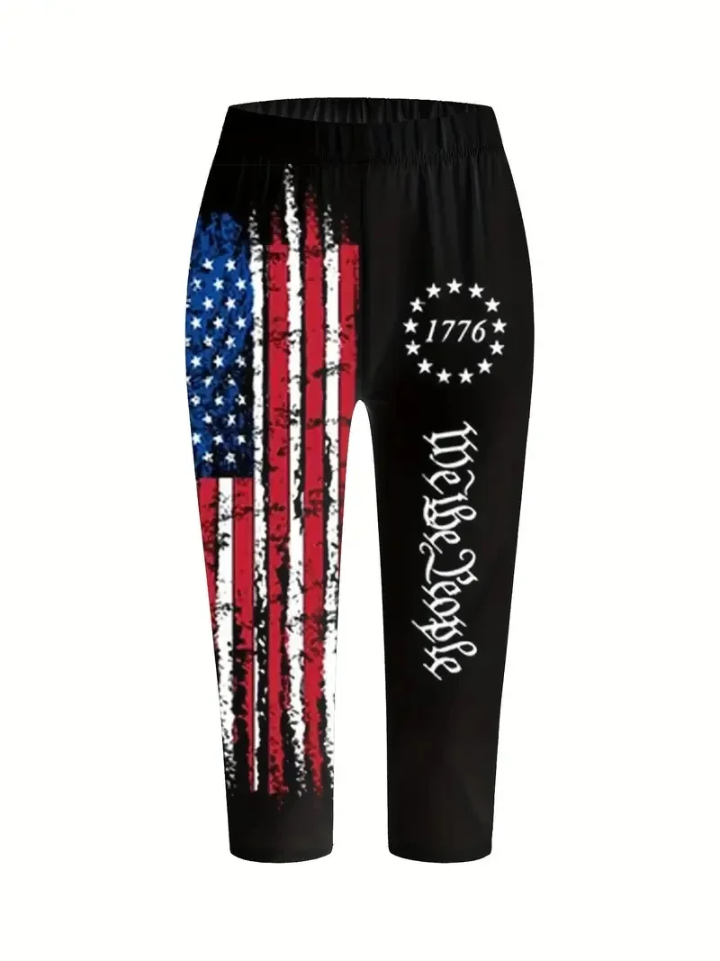 American printed stretch slim elastic waist tight casual leggings capri pants women