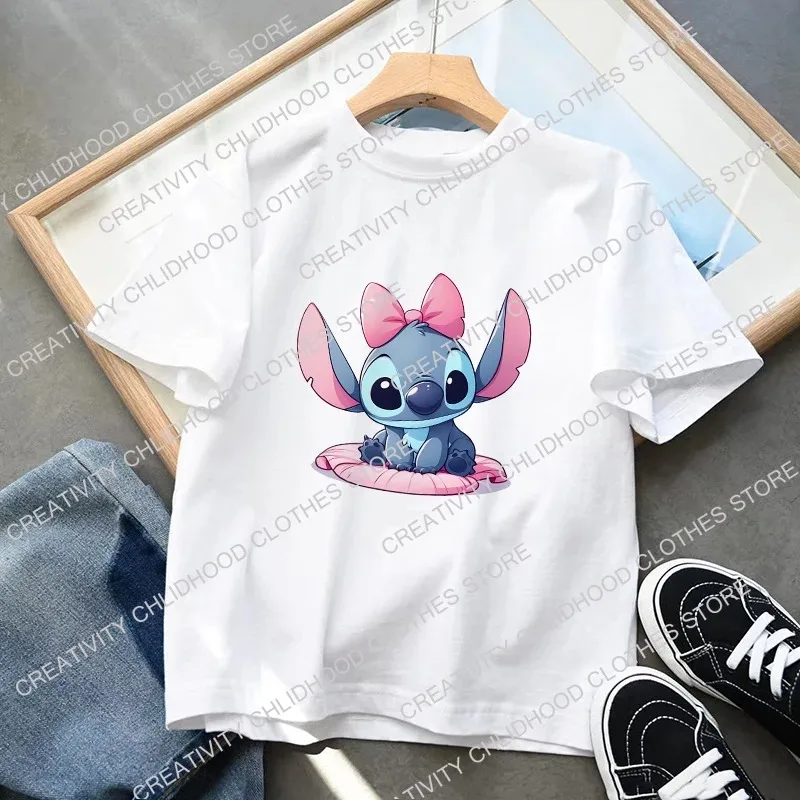 Stitch Bowknot Children T-Shirts New Kids Tee Shirt Cartoons Kawaii Casual Clothes Anime for Boy Girl Tops Short Sleeve Clothing