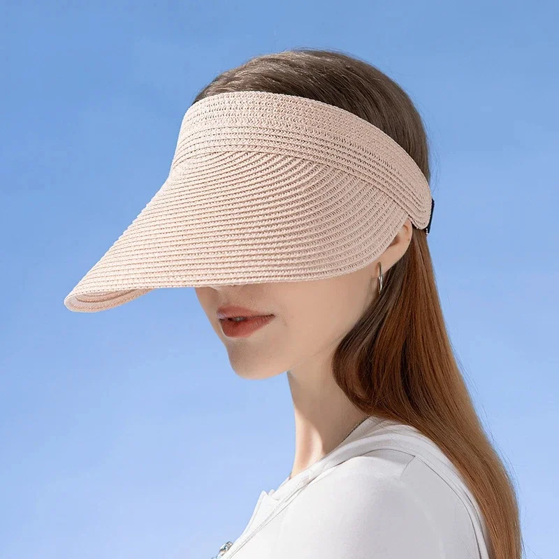 Sun Visor Hats for Women Wide Brim Straw Visors Womens Foldable Beach Visors Summer Roll Up Ponytail Beach Hat