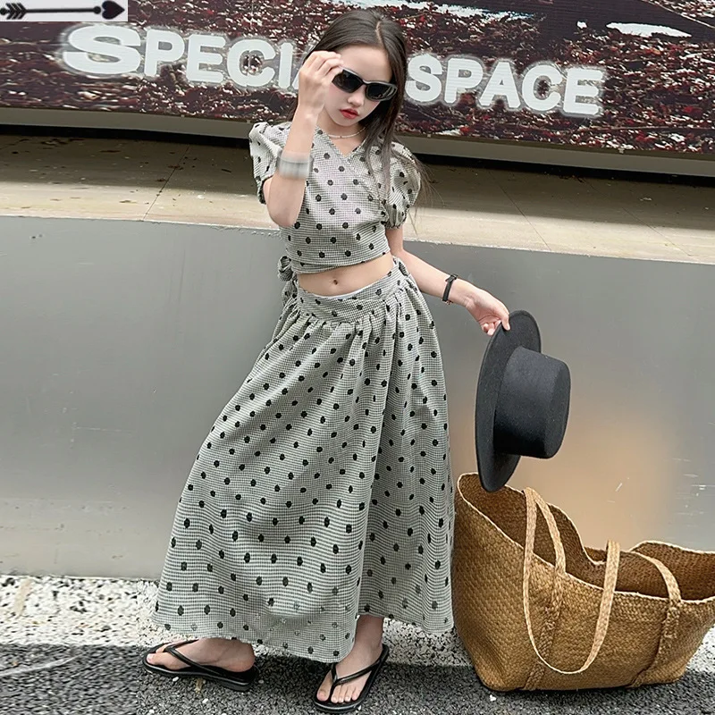 Girls Suits 2024 New Summer French Grey Polka Dot Waist V-neck Dress Sub-design Feel Niche Suit Two-piece Set Clothes