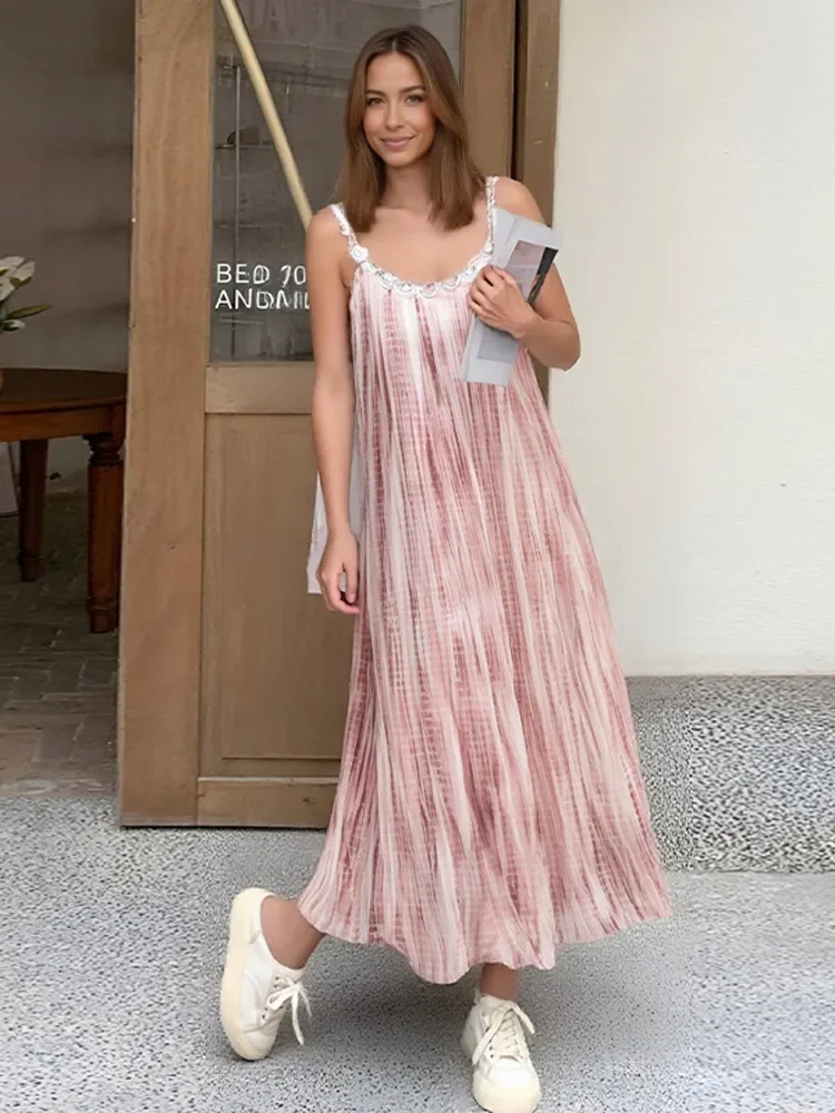 

2025 Casual Sleeveless Women Tie-dye Maxi Dress Elegant U-neck Backless Loose Long Dresses Summer Lady Beach Holiday Robes