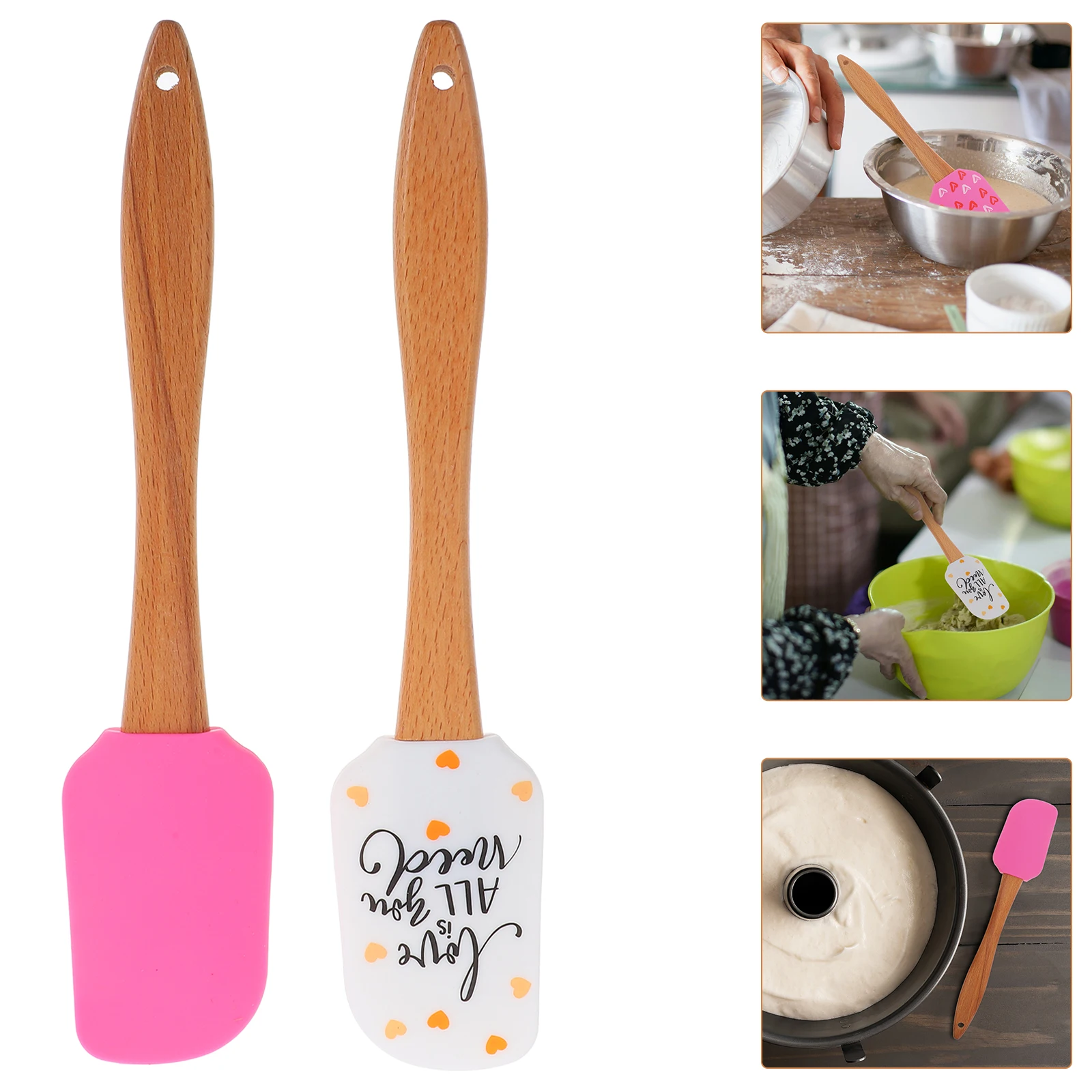 

2Pcs Valentine Silicone Spatula Cake Frosting Tool Wooden Handle Kitchen Bakeware Cooking Gadgets Heart Design Utensil