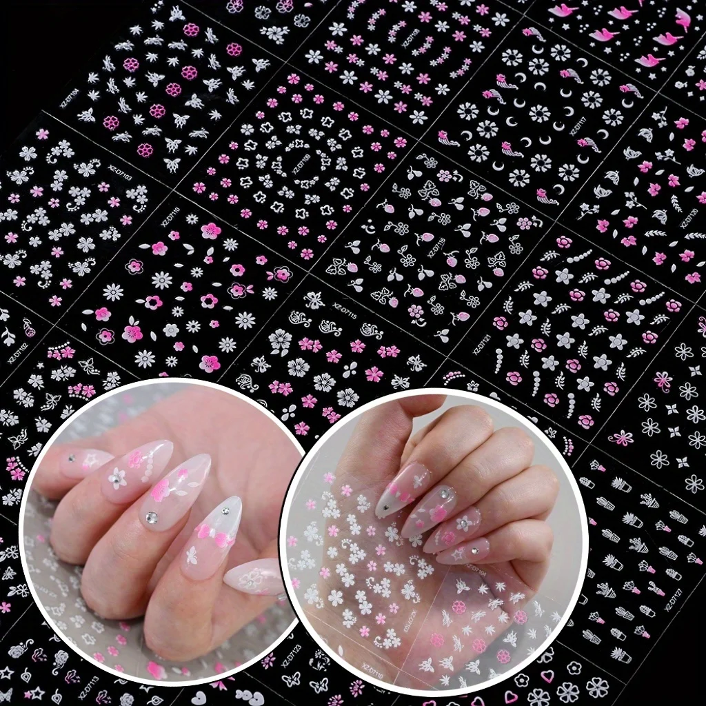 30 pegatinas de manicura rosas y blancas sin repetir, calcomanías para uñas con patrones surtidos, arte floral
