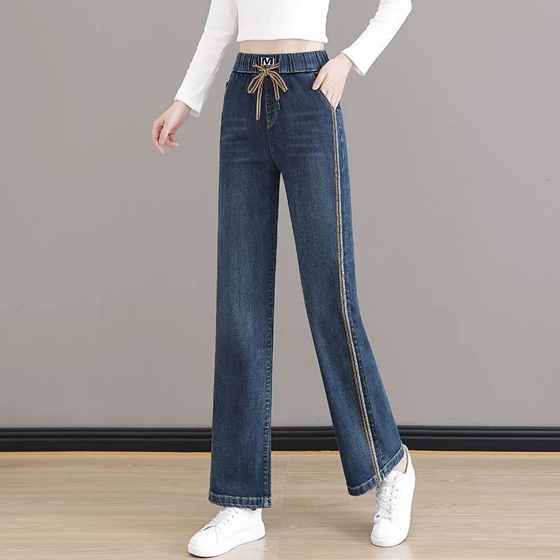 Lace Up Side Stripe BigSize 28-34 Straight Vaqueros Casual Korea New Vintage Loose High Waist Jeans Women Streetwear Denim Pants