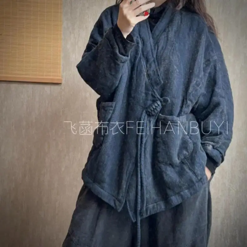 

Autumn Winter Arts Style Women Single Button Long Sleeve Loose Jackets Thicken Cotton Linen Vintage V-neck Coats High Quality