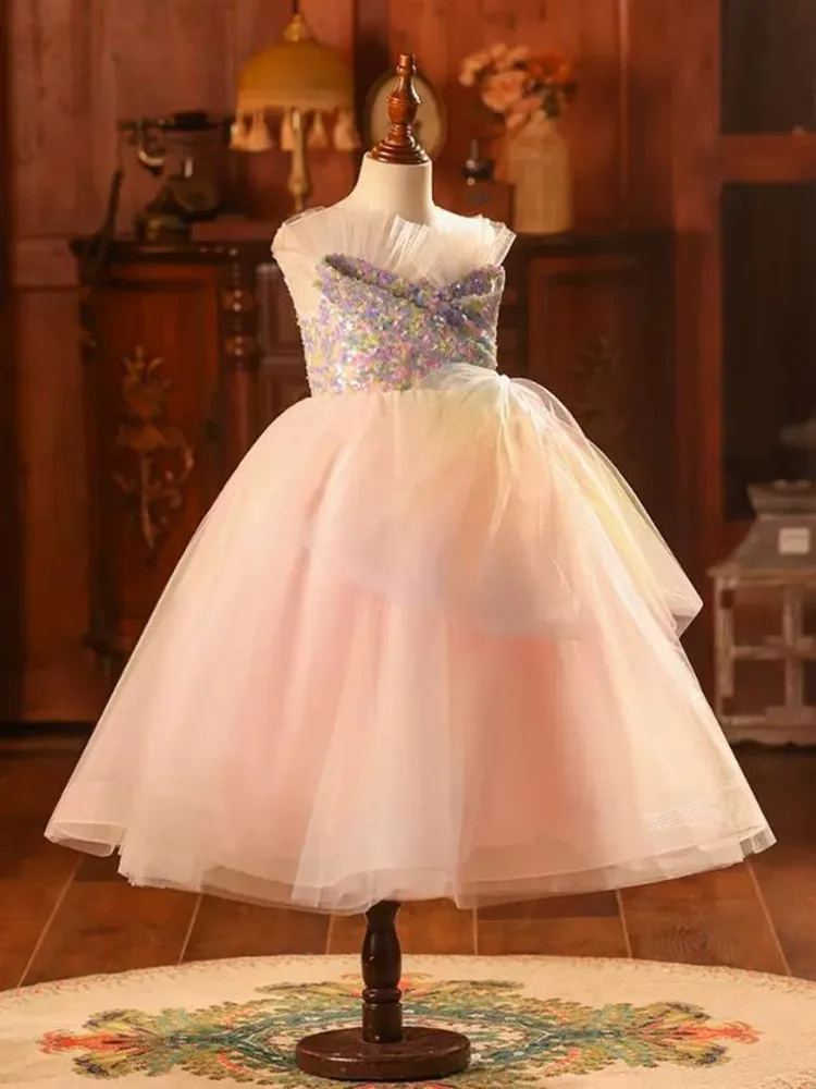 Vestido de noche de princesa con lentejuelas de arcoíris para niños de gama alta, vestido de fiesta de cumpleaños y boda para actuaciones, Vestidos A3941