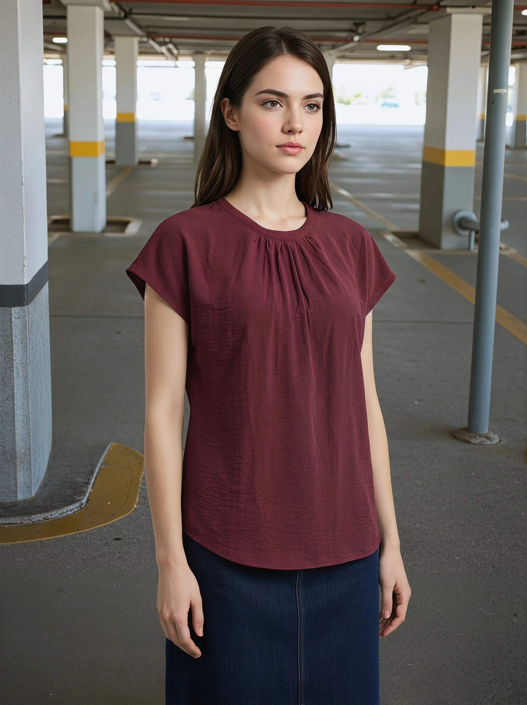 

Women's Solid Color Gathered Round Neck Blouse Loose Fit Cap Sleeve Casual Pullover Top