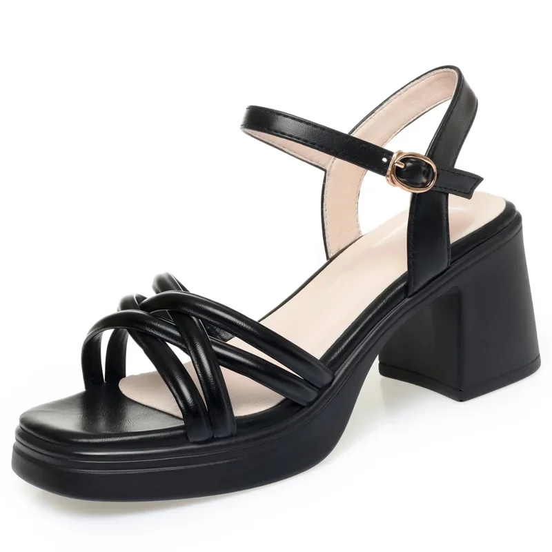 7cm All Match Comfortable Soft Leather Sandals Thick Platform Shoes 2026 Womens Summer Block High Heels Sandals for Office Mom
