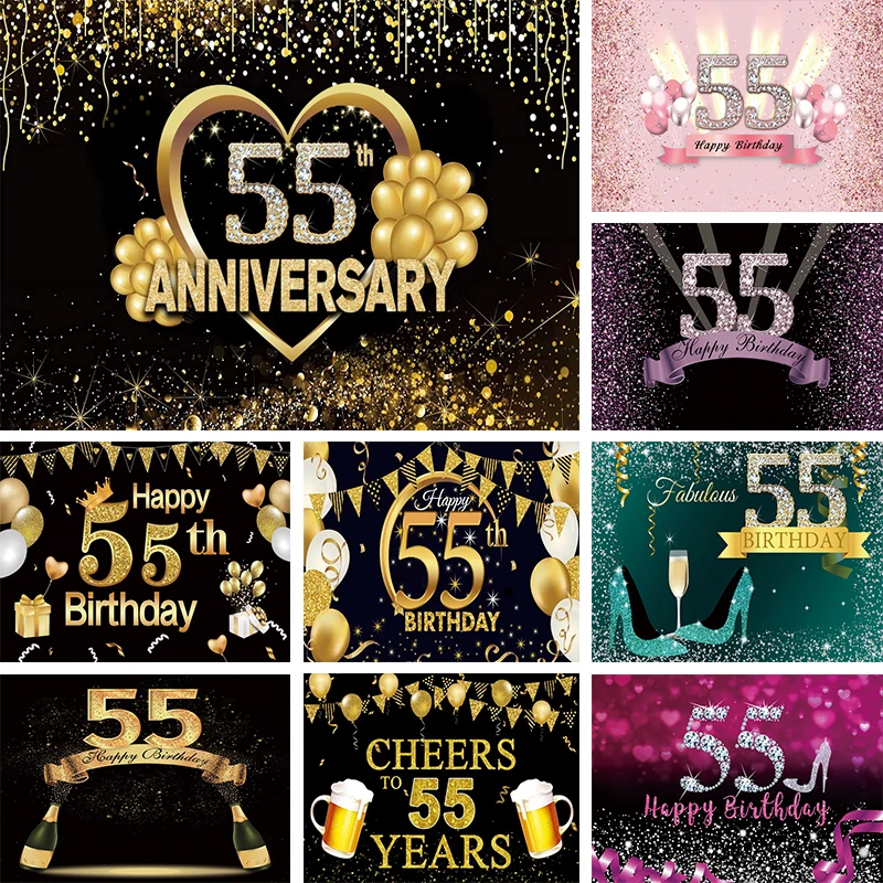 

Happy 55th Birthday Backdrop Women Men 55 Years Anniversary Party Black Gold Decoration Photography Background Photo Banner Prop