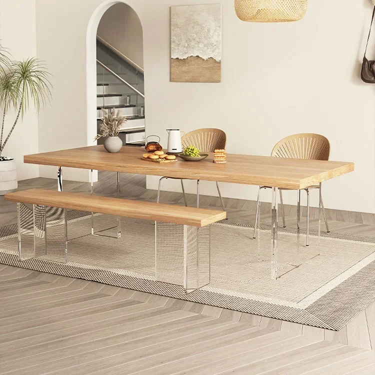 

Modern Light Luxury Large Size Wood Countertop Dining Table With Acrylic Table Leg For Hotel Restaurant Living Room