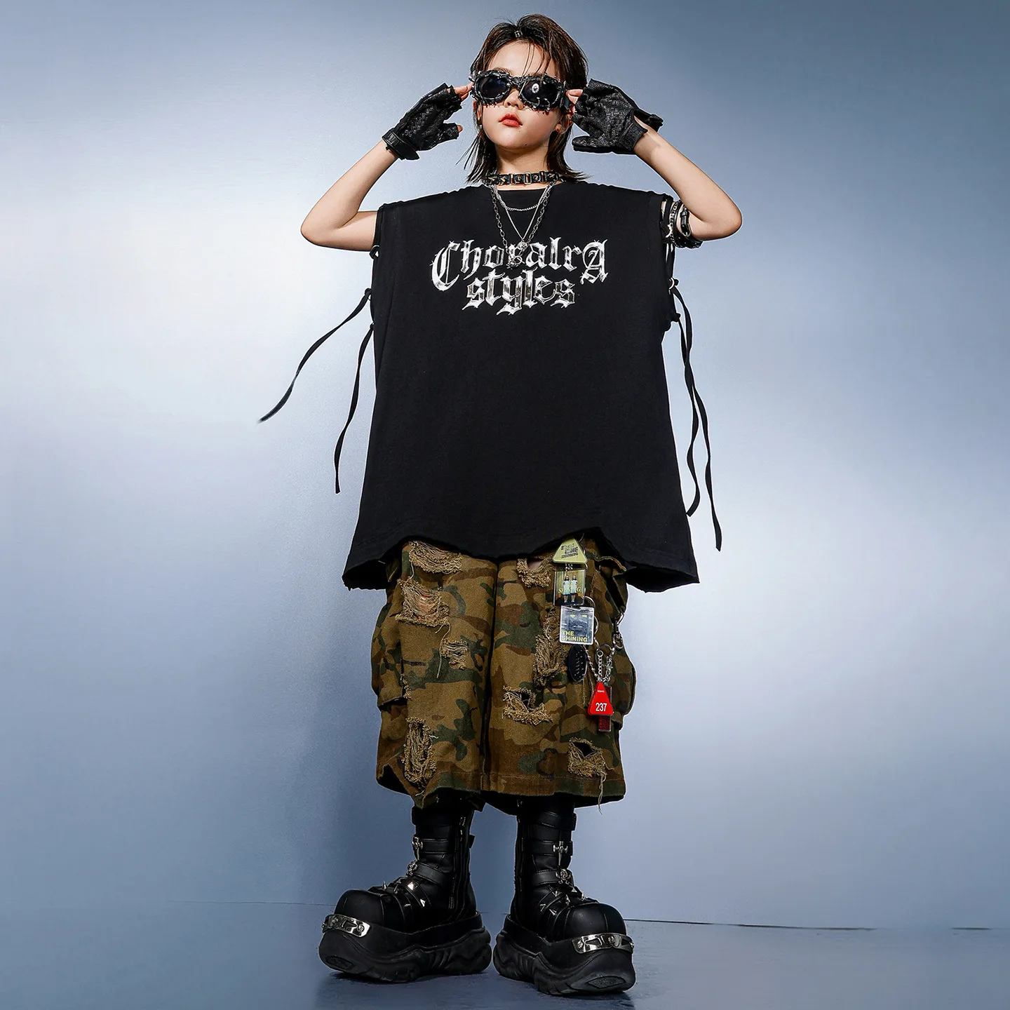 

Kid Kpop Hip Hop Clothing Black Strap Tank Camo Distressed Ripped Cargo Shorts Middle Pants for Girl Boy Dance Costumes Clothes