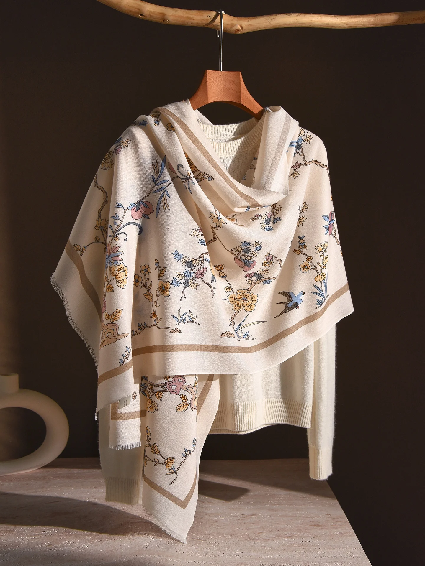 pure-wool-scarf-light-weight-women's-outerwear-spring-summer-sunscreen-shawl-elderly-gift-high-end-silk-scarf-tassel-detail