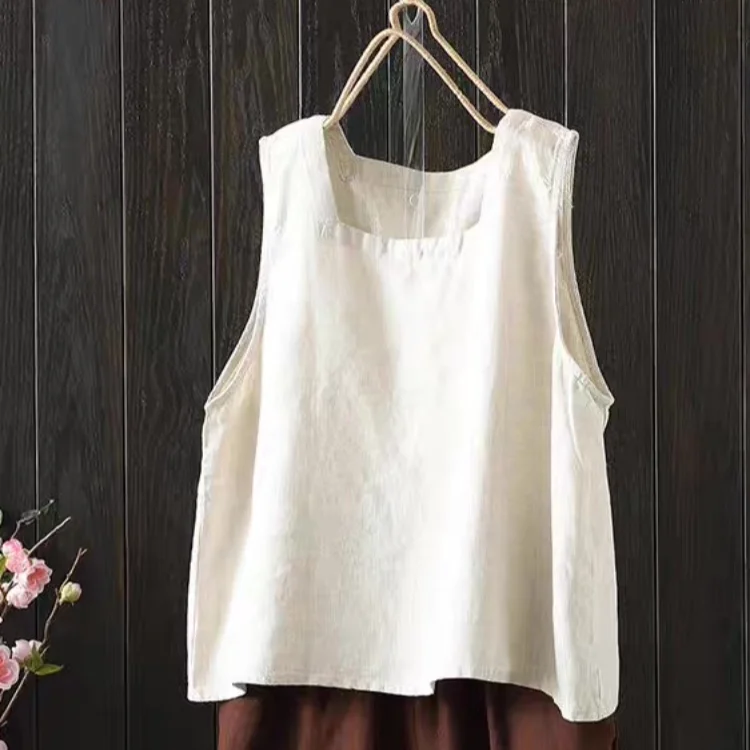 Summer New Cotton Linen Square Collar Strap Vest Women's plus Size Loose Svel Top Inner Wear Outer Wear Base irt