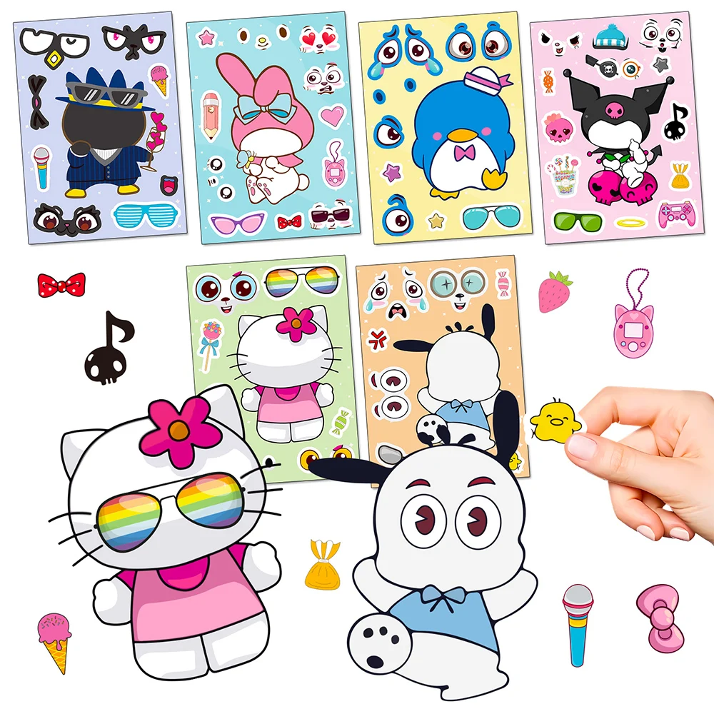 

6/12sheets Kawaii Sanrio Make a Face Puzzle Stickers Hello Kitty My Melody Pochacco Children DIY Assemble Jigsaw Kid Party Gifts