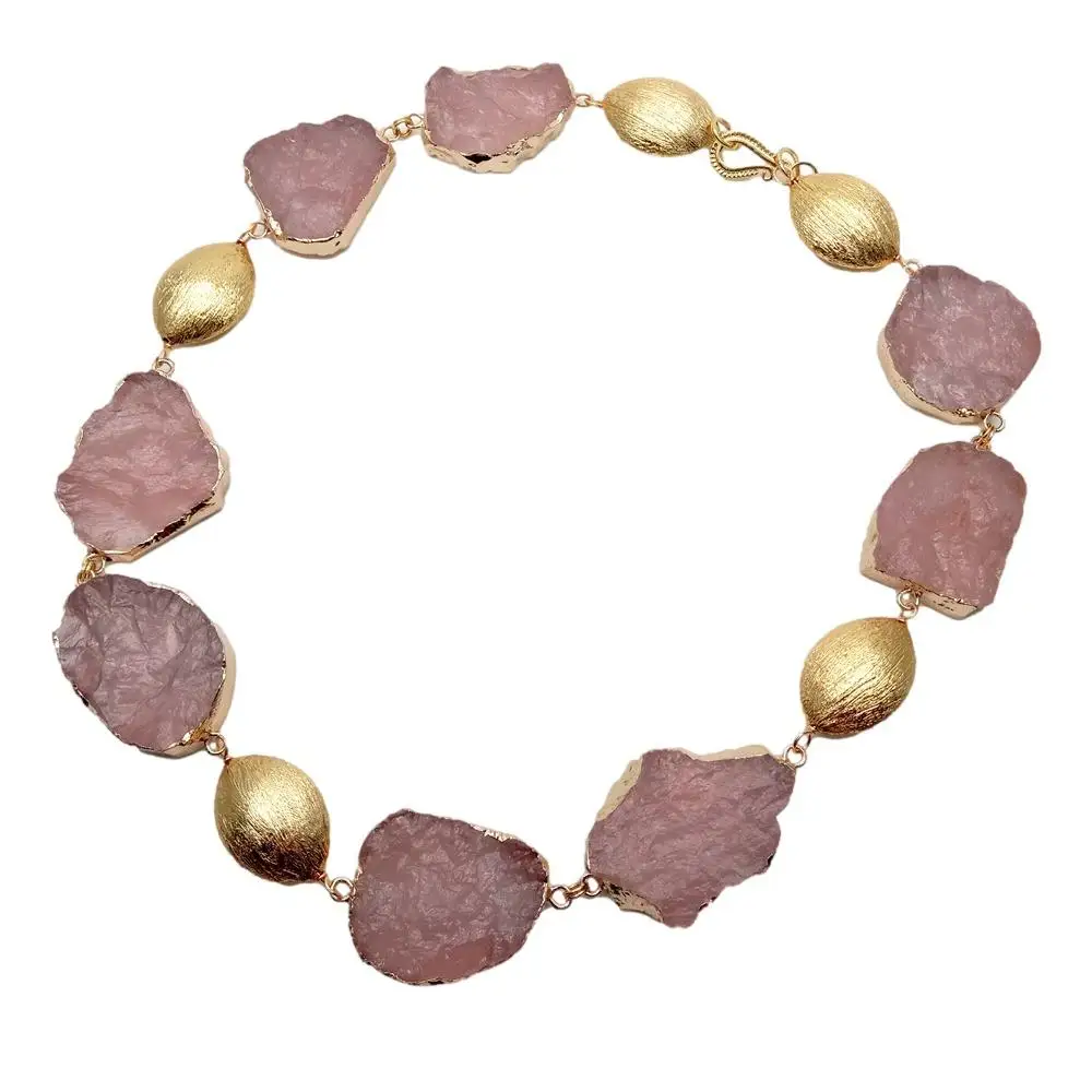 Y.YING Natural Rose Quartz Rough Necklace Gemstone Gold Plated Brushed Raw Necklaces