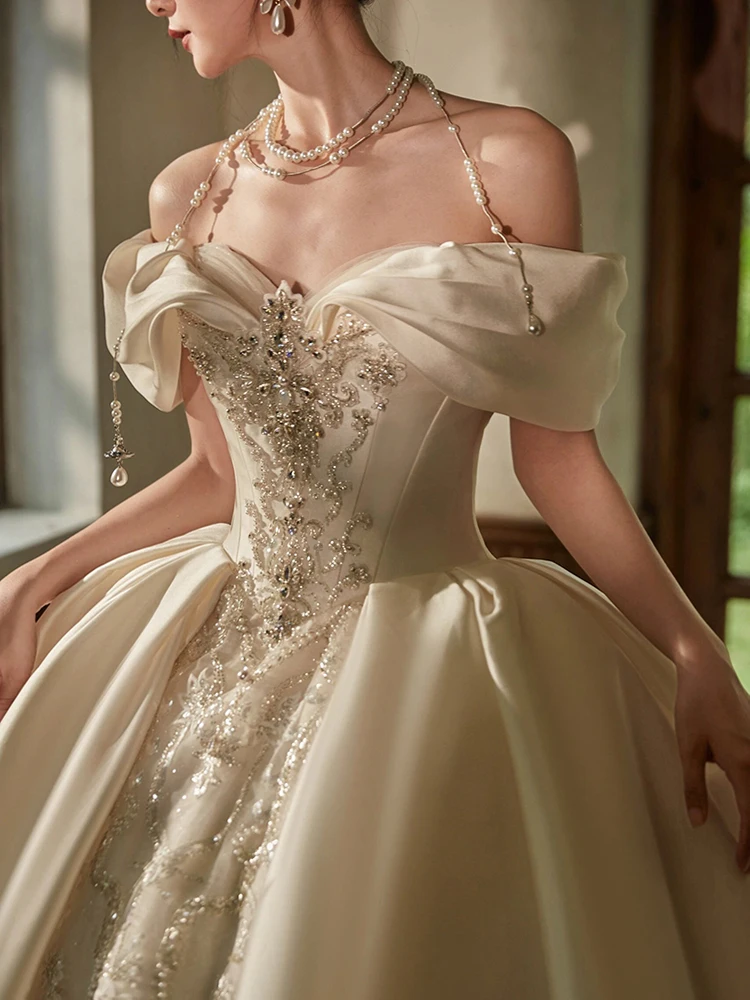 

Silk Satin Wedding Dr One oulder Heavy Embroidery Princ Sle Long Train Bridal Gown Korean Sle for Young Brides