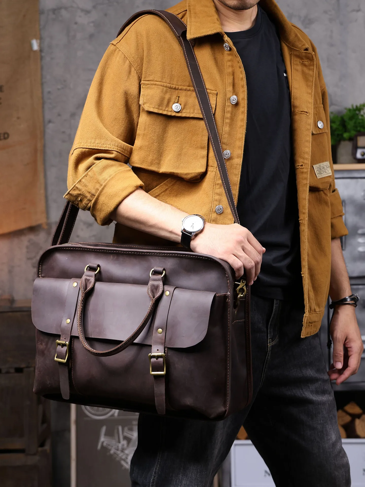 vintage crazy horse cowhide men's briefcase organizer designer handmade work genuine leather large-capacity laptop handbag