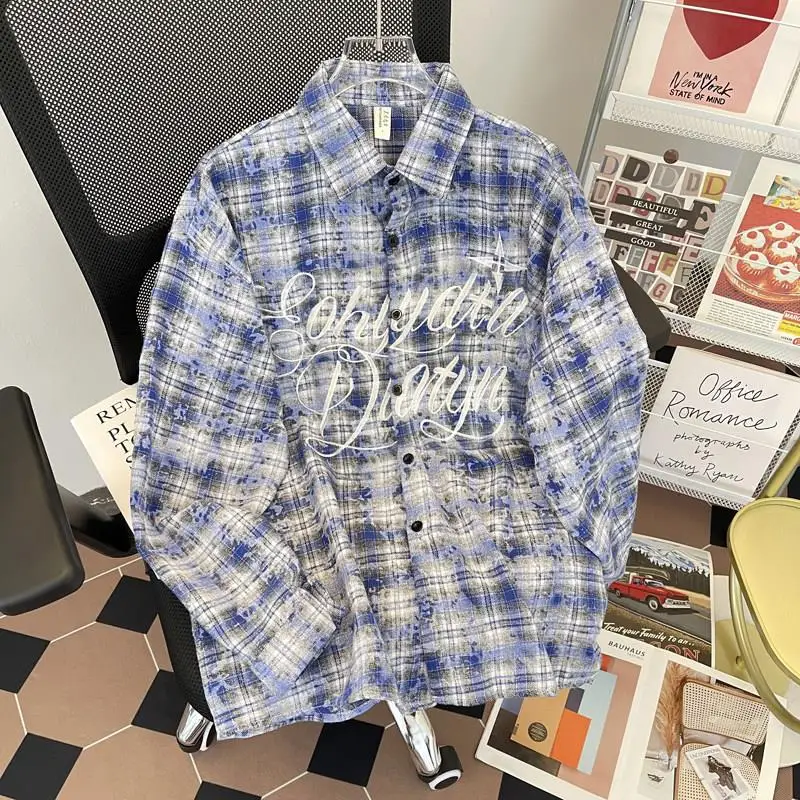 

Dark Street Style Men's Shirt Loose Long Sleeve Tie Dye Plaid American High Street Hip Hop Design Casual Outerwear