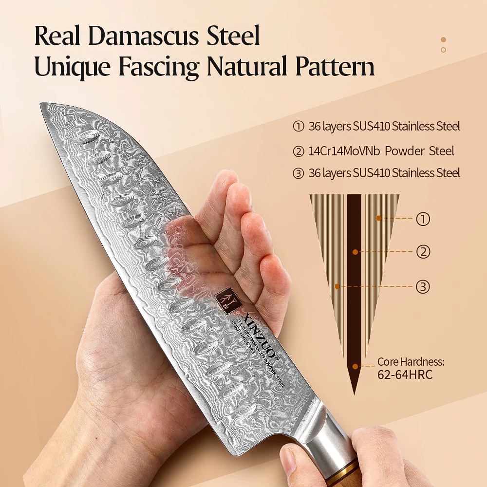 XINZUO 7\'\' in Santoku Knife Powder Steel Core 73 Layers Damascus Stainless Steel Olive Wood Handle with Handmade Box Packaging