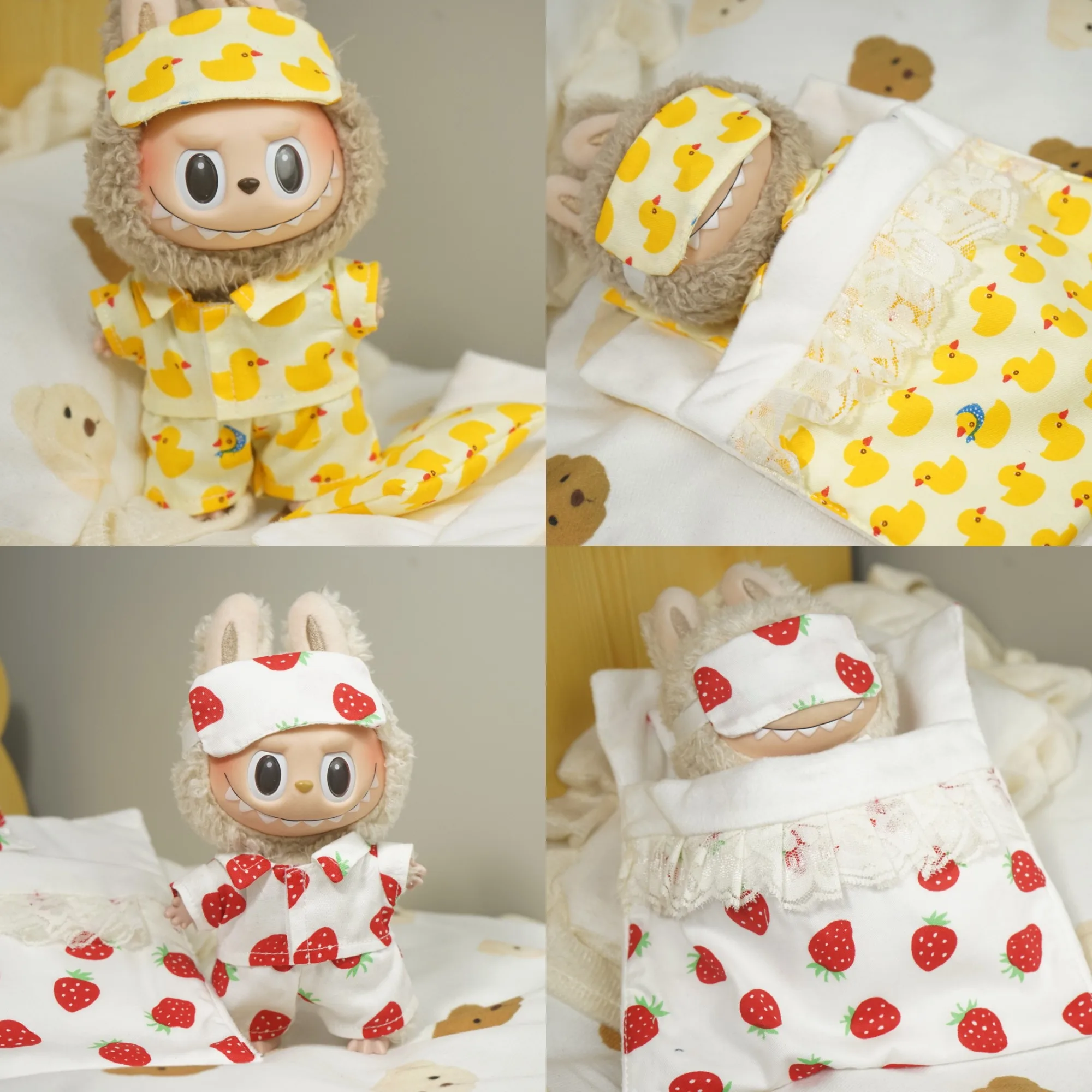 

17cm Labubu Cute Fruit Animal Pajama Set Eye Mask Sleepwear Pillow Blanket Party Outfit Vinyl Figure Hanging Keychain Costume