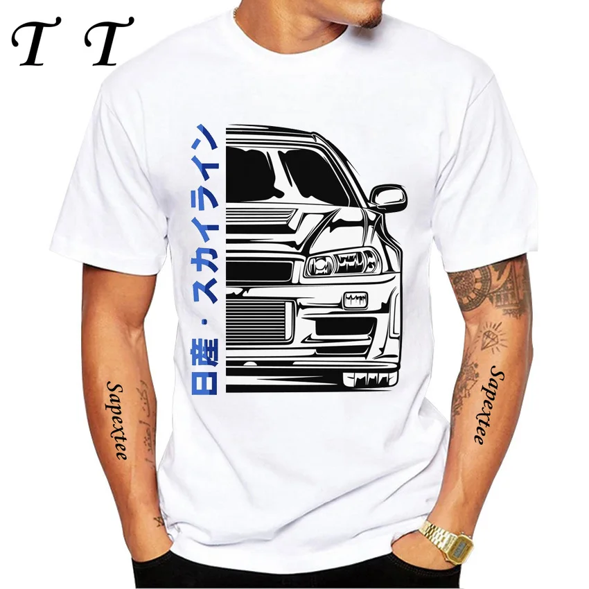 

Skyline R34 GTR V Spec Half Front Illustration T-Shirt New Summer Men Short Sleeve Japan Classic Car Casual Boy Tees Tops