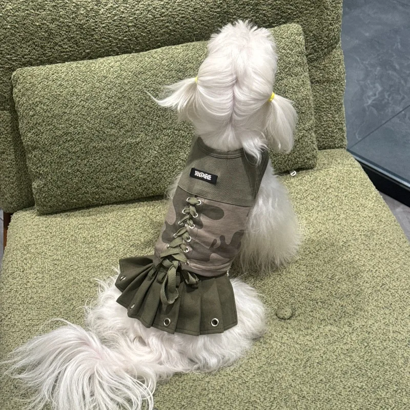 Camouflage Pet Dog Outfit Set Lace‑up Spliced Top with Pleated Skirt Cute Fashion Puppy Clothes Suit for Small Dogs Daily Wear